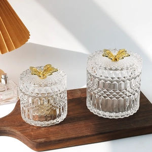 French vintage relief glass storage jars with golden butterfly lid in two sizes