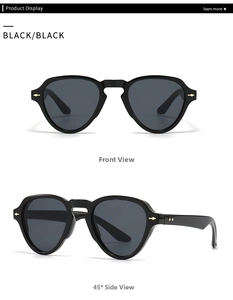 Detailed front and side views of black Boston style sunglasses with gold arrow accents