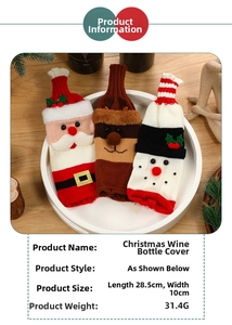 Detailed view of knitted Santa, elk, and snowman wine bottle covers measuring 28.5x10cm