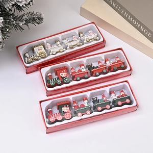 Christmas Wooden Mini Train Ornament Desktop Holiday Decoration Santa Snowman Bear Festive Home Tabletop Party Gift