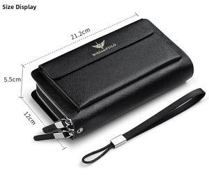 Detailed view of the 21.2x5.5x12cm dimensions for this double zipper black leather clutch