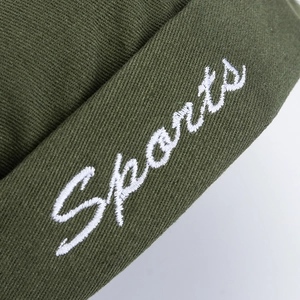 Army green knitted brimless docker hat with white Sports embroidery for men and women