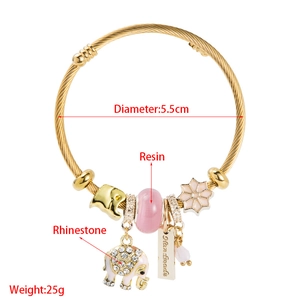 Detail view of adjustable elephant bracelet showing 5.5cm diameter and resin charms