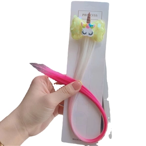 Kids unicorn sequin bow hair clip with long gradient pink synthetic hair extension