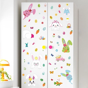 Cartoon Easter bunny and colorful eggs wall stickers for nursery wardrobe decoration