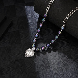 Titanium necklace with heart crystal pendant, iridescent pearls and chunky silver chain