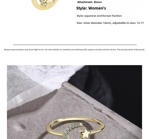 Detail of adjustable gold star and moon ring with sparkling cubic zirconia inlay