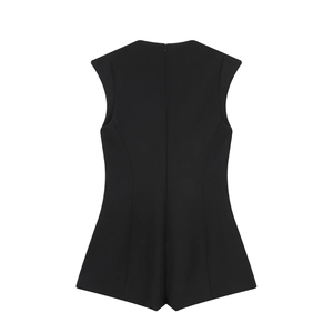 Women's black sleeveless romper with jewelry buttons and slim fit back view