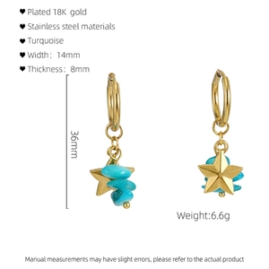 Detailed view of turquoise drop earrings with star charm and exact size measurements