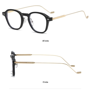 Detail view of black frame eyewear with gold metal temples from side and 45-degree angles