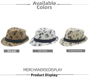 Three kids straw fedora hats with palm tree prints in khaki, creamy, and off-white colors