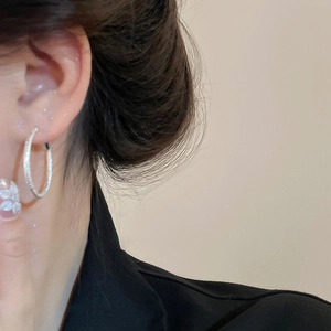Silver hoop earrings with sparkling crystals shown worn by a model in a side profile view