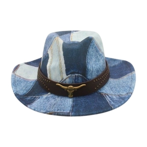 Blue denim cowboy hat with golden bull skull metal ornament and leather strap detail