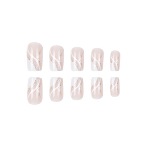 Glossy white French square press-on nails with irregular glitter line art designs