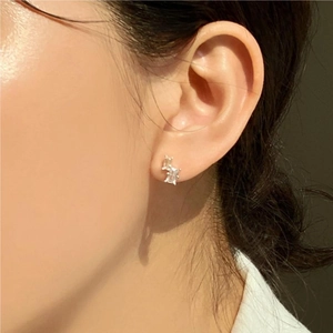Minimalist 925 sterling silver square zircon stud earrings on model side view