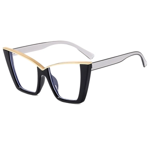 Fashionable cat-eye blue light blocking glasses with black frames and gold metal V-trim