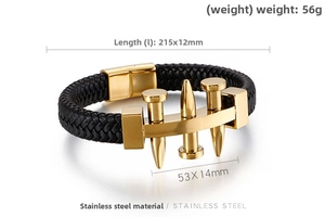 Detail view of woven leather bracelet with golden nail hardware and 215mm size specs