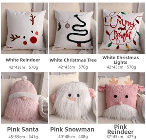 Christmas plush pillows collection with reindeer, snowmen and gnomes for holiday home decor