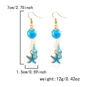 Detail showing dimensions of conch and starfish earrings, length 7cm and width 1.5cm