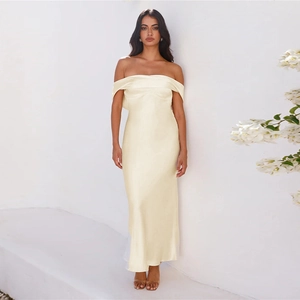 Elegant cream satin off-shoulder long dress with slim fit design for formal occasions