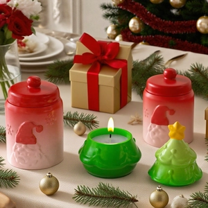 Festive Santa relief candle jars and Christmas tree ceramic decor set in warm lighting