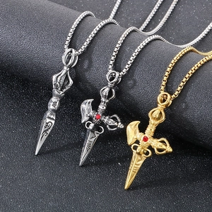 Vintage Punk Stainless Steel Vajra Pendant Necklace With Red Stone For Men Religious Cross Phurba Goth Jewelry
