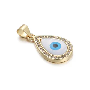 Teardrop Evil Eye pendant with mother of pearl and cubic zirconia in 18K gold finish