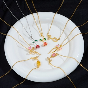 Tulip Rose Flower Bowknot Pendant Necklace Copper Zircon Gold Plated Elegant Jewelry For Women Gift