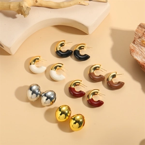 Polished gold and silver eggshell stud earrings with colorful C-shaped hoops set