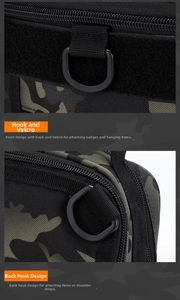 Front and back detail of tactical nylon pouch with velcro panel and D-ring hooks
