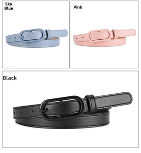 Detailed comparison of pastel macarons belts in sky blue, pink, and black with pin buckles