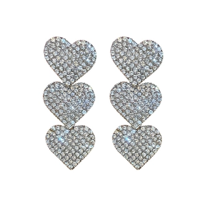 Sparkling triple heart silver needle tassel earrings with full diamond pave crystals
