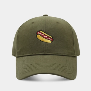 Close-up of hot dog embroidery on olive green cotton twill baseball cap with curved brim
