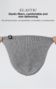 Detalle de la alta elasticidad y el tejido de punto acanalado del gorro de lana gris