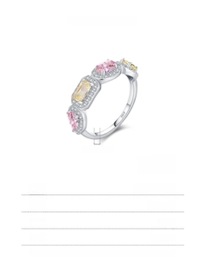 Macro shot of S925 sterling silver ring with colorful cubic zirconia and dimension details