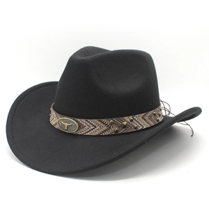 Classic black wool felt western cowboy hat with ethnic bull head metal buckle and rivets