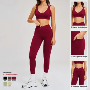 Set da yoga bordeaux con reggiseno sportivo a V e leggings con tasche laterali