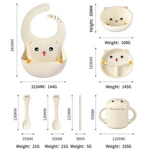 Silicone baby feeding set dimensions and weight details including plate and suction bowl