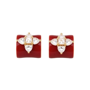 Boucles d'oreilles créoles fleurs dorées 18 carats avec émail rouge et zircons