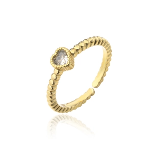 Detail of 18K gold plated heart ring with zircon stone and beaded adjustable band