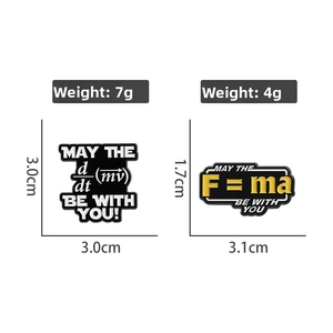 Detailed view of physics formula enamel pins showing F=ma and d/dt(mv) dimensions