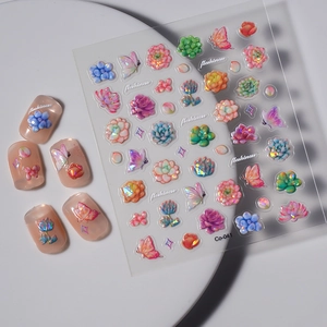 Macro shot of 3D embossed aurora succulent nail stickers with iridescent butterfly textures