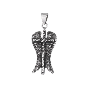 Silver punk wing cross pendant for men made of vintage stainless steel with zircon