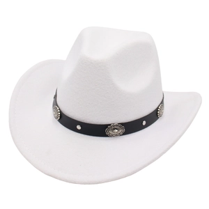 Classic white western cowboy wool felt hat with decorative black leather concho band