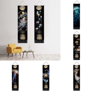Nordic Jellyfish Moon Tapestry Wall Hanging Polyester Cotton Fabric With Wooden Pole And Tassels For Home Decor