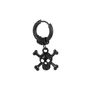 Close-up of black stainless steel hoop earring with a gothic skull crossbone charm