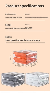 Detailed size chart for double-layer drawer egg storage box in multiple colors