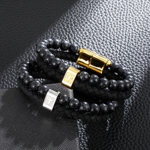 Men's retro cross bracelet set with black marble beads and woven leather wristband