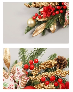 Macro detail of Christmas floral pick with red berries, gold leaves, and pine cones