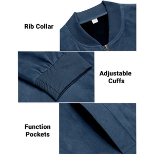 Detail of navy blue suede jacket with rib-knit collar, cuffs and functional side pocket